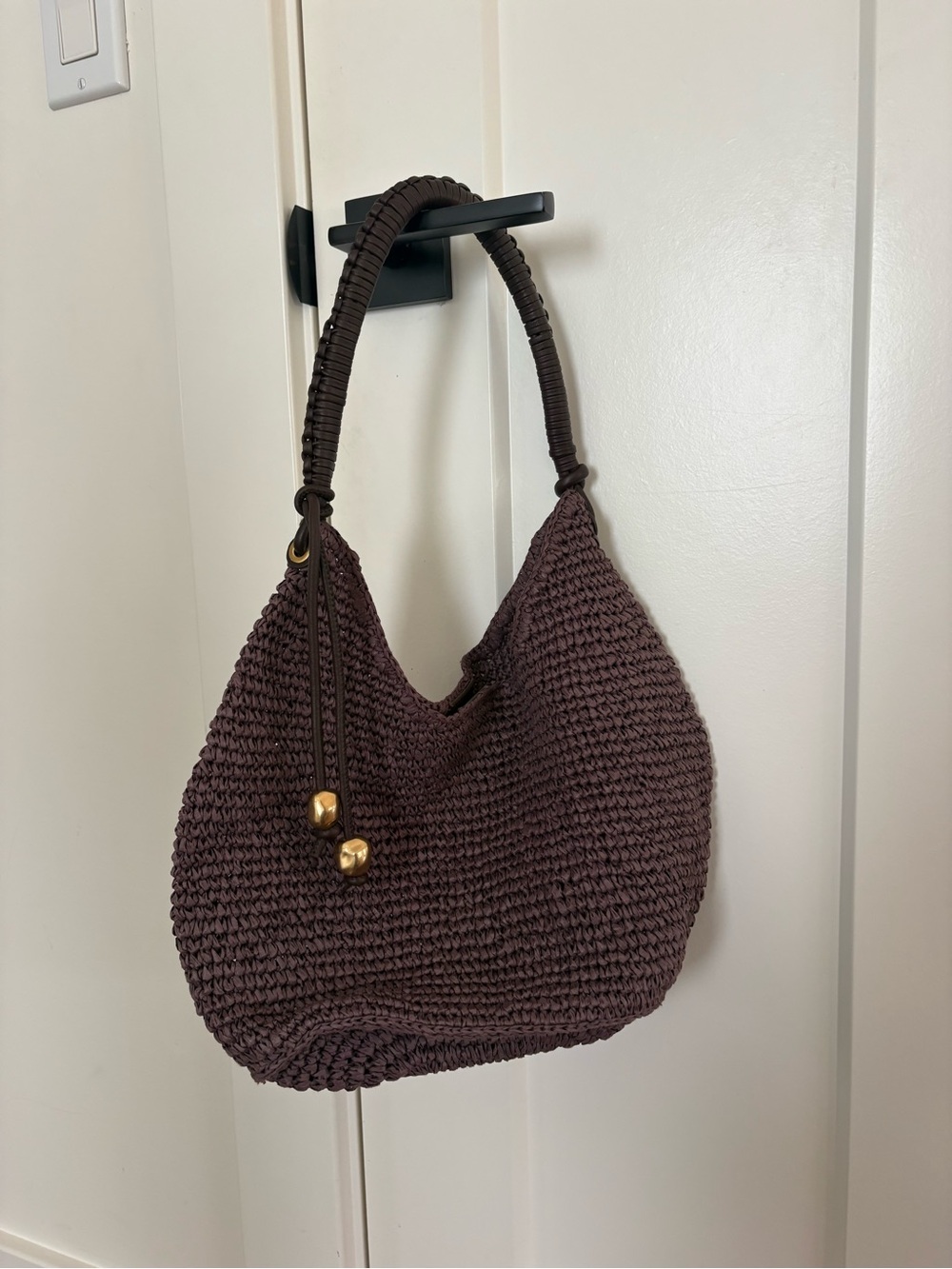 Madewell Brown Woven Shoulder Tote with Gold Bead Accents